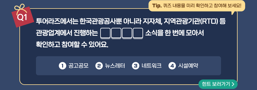 TIP. 퀴즈 내용을 미리 호가인하고 참여해보세요! 투어라즈에서는 한국관광공사뿐 아니라 지자체, 지역관광기관(RTO) 등관광업계에서 진행하는 빈칸(4글자) 소식을 한 번에 모아서 확인하고 참여할 수 있어요. 보기 1번 공고공문, 2번 뉴스레터, 3번 네트워크, 4번 시설예약, 힌트 보러가기