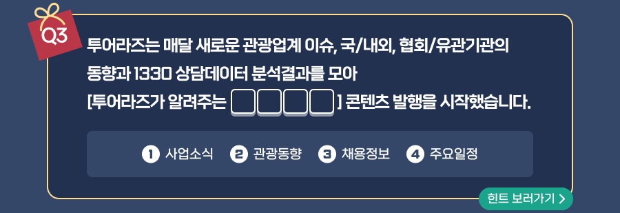 투어라즈는 매달 새로운 관광업계 이슈, 국/내외, 협회/유관기관의                동향과 1330 상담데이터 분석결과를 모아 [투어라즈가 알려주는 빈칸(4글자)] 콘텐츠 발행을 시작했습니다. 보기 1번 사업소식, 2번 관광동향, 3번 채용정보, 4번 주요일정, 힌트 보러가기