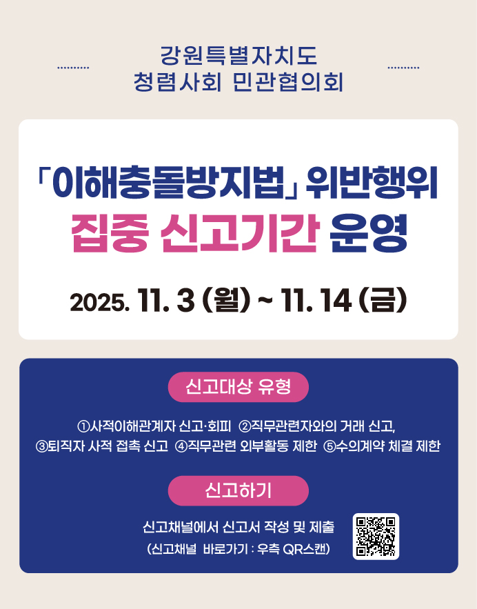 강원특별자치도 청렴사회 민관협의회 이해충돌방지법 위반행위 집중 신고기간 운영 2025.11.3(월)~11.14(금) 신고대상 유형 1.사적이해관계자 신고, 회피 2. 직무관련자와의 거래 신고 3. 퇴직자 사적 접촉 신고 4. 직무관련 외부활동 제한 5. 수의계약 체결 제한 신고하기 신고채널에서 신고서 작성 및 제출 신고채널 : https://www.kbei.org/center/?c=kto
